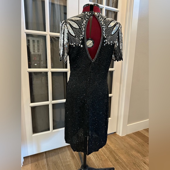 Vintage Laurence Kazar Black Silk Beaded Sheath Dress With Sequined Shoulders - Picture 2 of 15